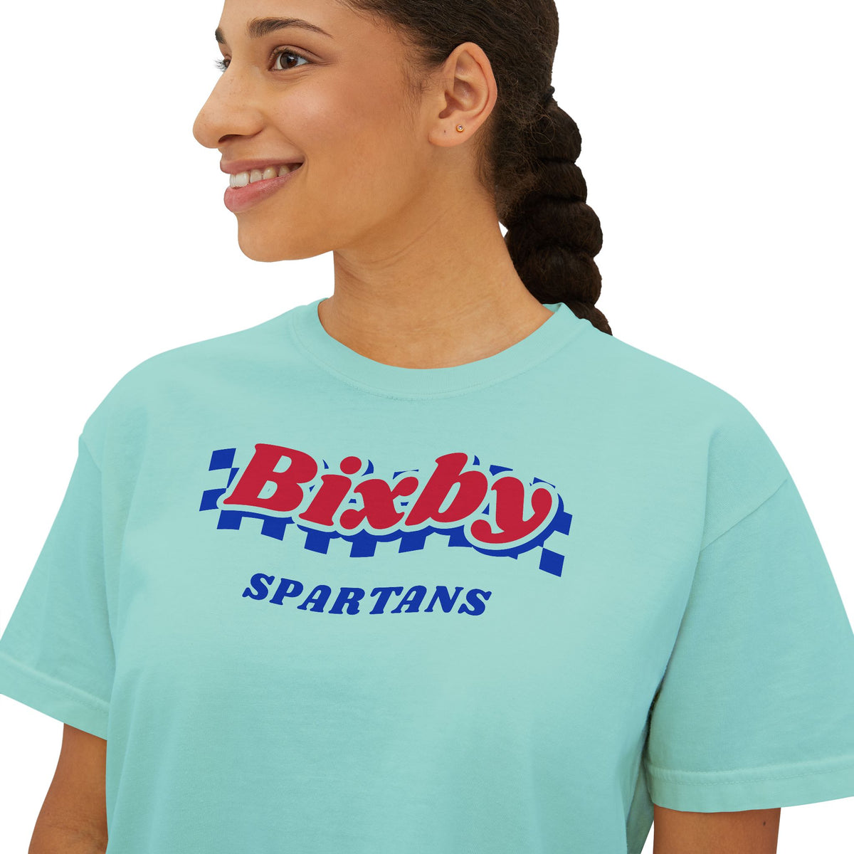 Bixby Spartans Navy Checker Retro Logo Women's Boxy Tee – Game Day Shirt