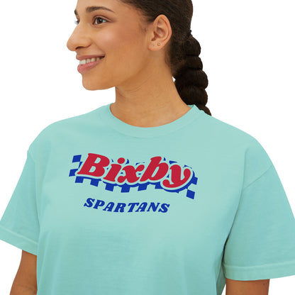 Bixby Spartans Navy Checker Retro Logo Women's Boxy Tee – Game Day Shirt