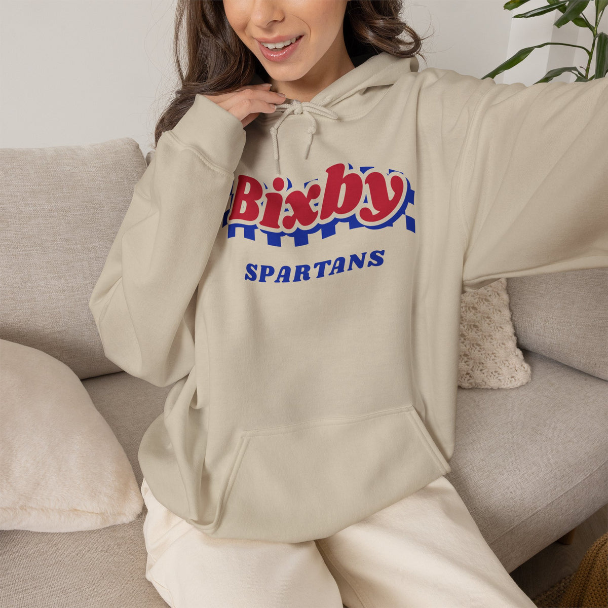 Bixby Spartans Retro Blue Checkered Script Hoodie – Vintage Game Day Hooded Sweatshirt