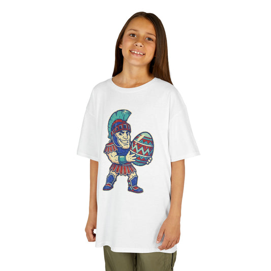 Playful Spartan Holding Patterned Egg Youth Tee