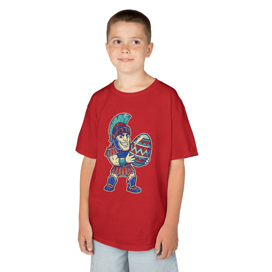 Playful Spartan Holding Patterned Egg Youth Tee