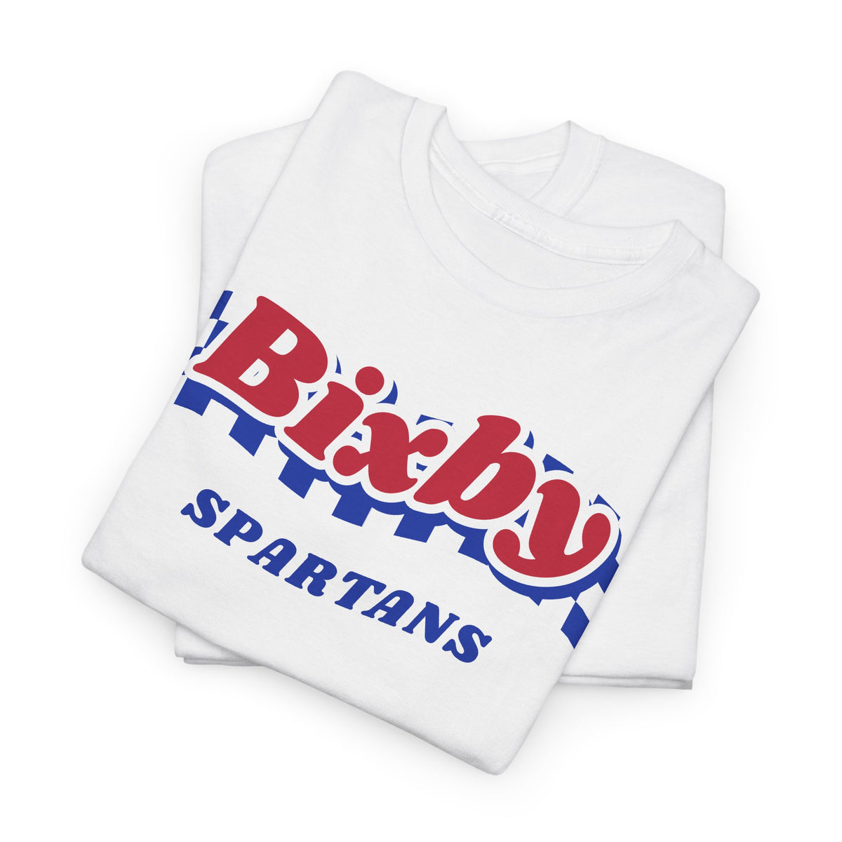 Bixby Spartans Retro Blue Checkered Script Tee – Vintage Game Day Shirt