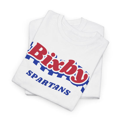 Bixby Spartans Retro Blue Checkered Script Tee – Vintage Game Day Shirt
