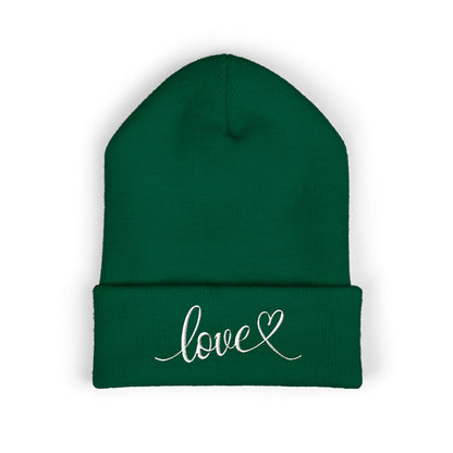 Embroidered Love Cuffed Beanie Cozy Knit Hat with Heart Script