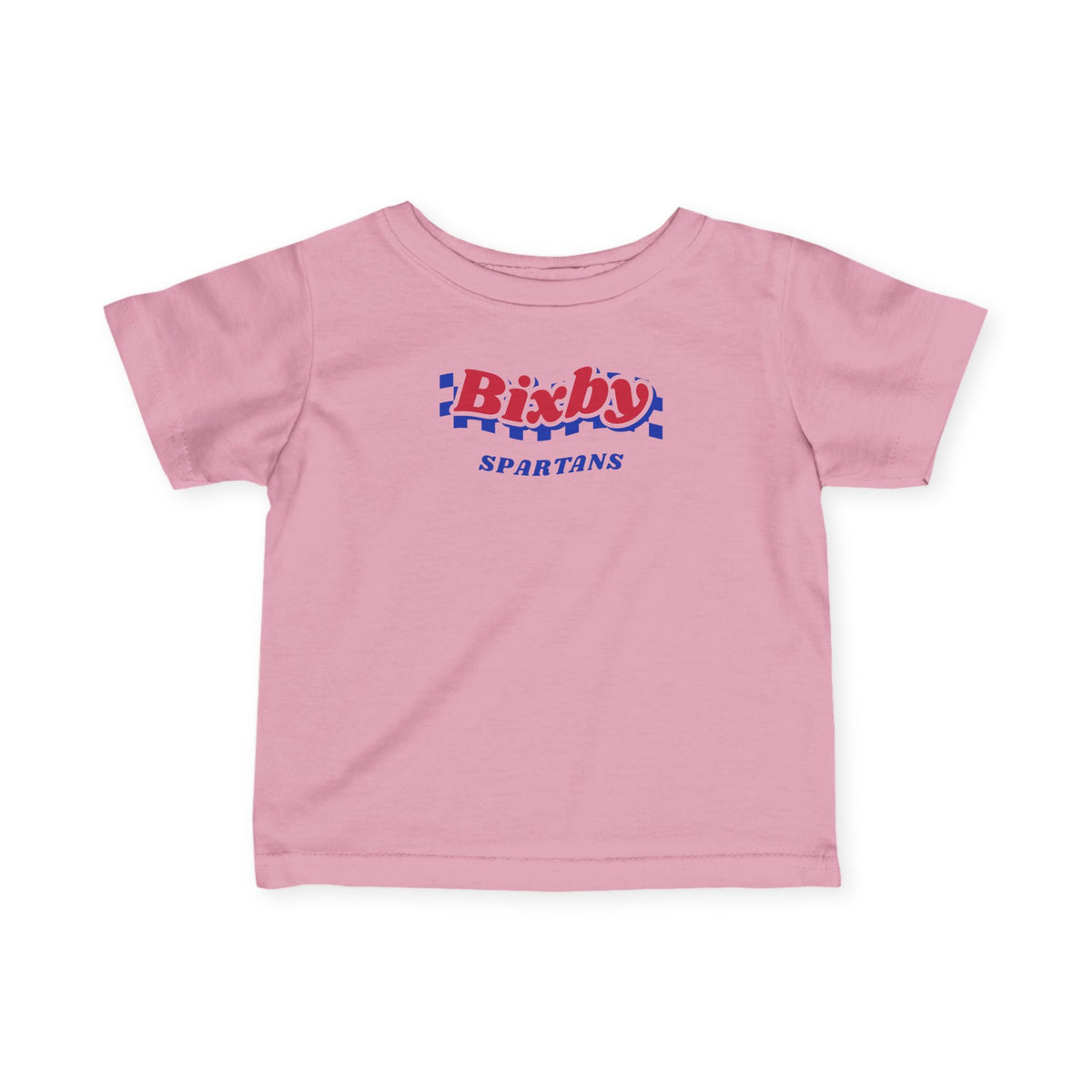 Bixby Spartans Retro Blue Checkered Script Infant Tee – Baby Vintage Spartan Shirt