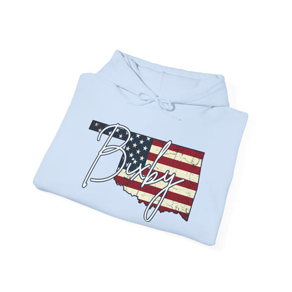 Oklahoma Flag Hoodie with "Bixby" Script Gildan Hoodie