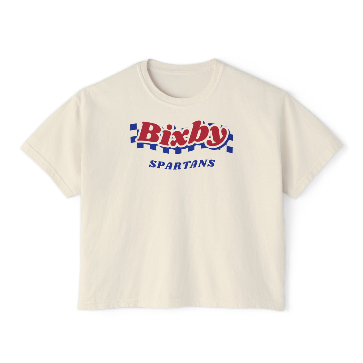 Bixby Spartans Navy Checker Retro Logo Women's Boxy Tee – Game Day Shirt