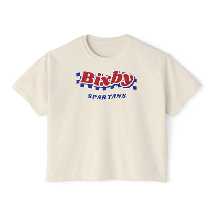 Bixby Spartans Navy Checker Retro Logo Women's Boxy Tee – Game Day Shirt