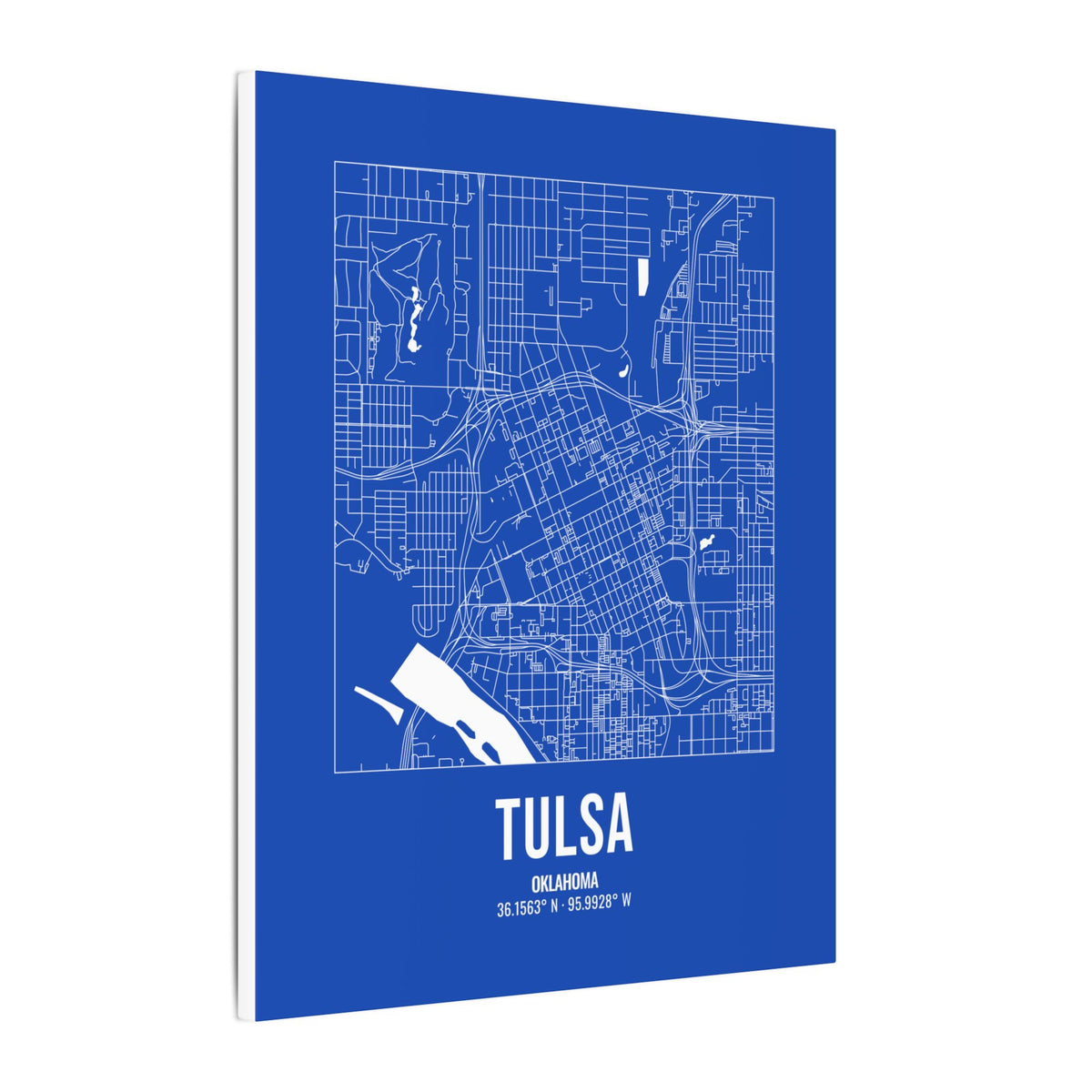 Tulsa Street Map Canvas, White on Royal Blue