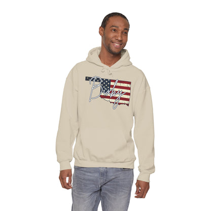 Oklahoma Flag Hoodie with "Bixby" Script Gildan Hoodie