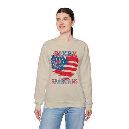 Bixby Spartans Heart American Flag Crewneck Sweatshirt