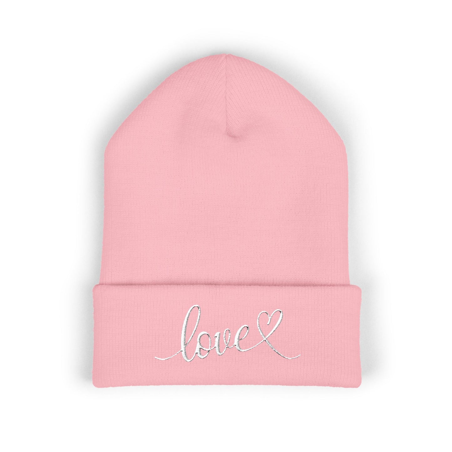Embroidered Love Cuffed Beanie Cozy Knit Hat with Heart Script