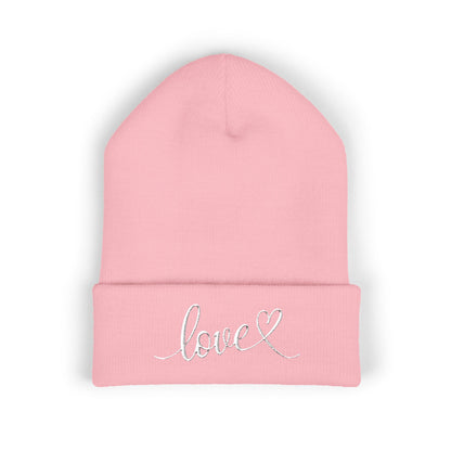 Embroidered Love Cuffed Beanie Cozy Knit Hat with Heart Script