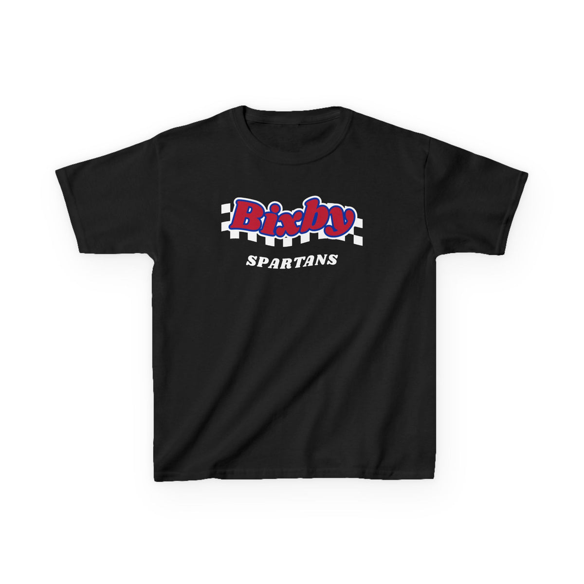 Bixby Spartans Retro Script Checkered Youth Tee – Kids Red, White & Blue Game Day Shirt