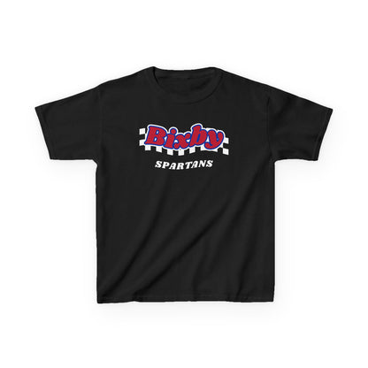 Bixby Spartans Retro Script Checkered Youth Tee – Kids Red, White & Blue Game Day Shirt