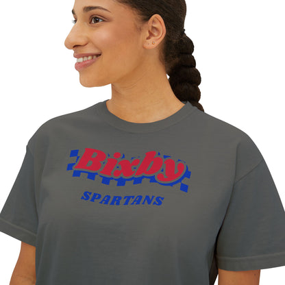 Bixby Spartans Navy Checker Retro Logo Women's Boxy Tee – Game Day Shirt