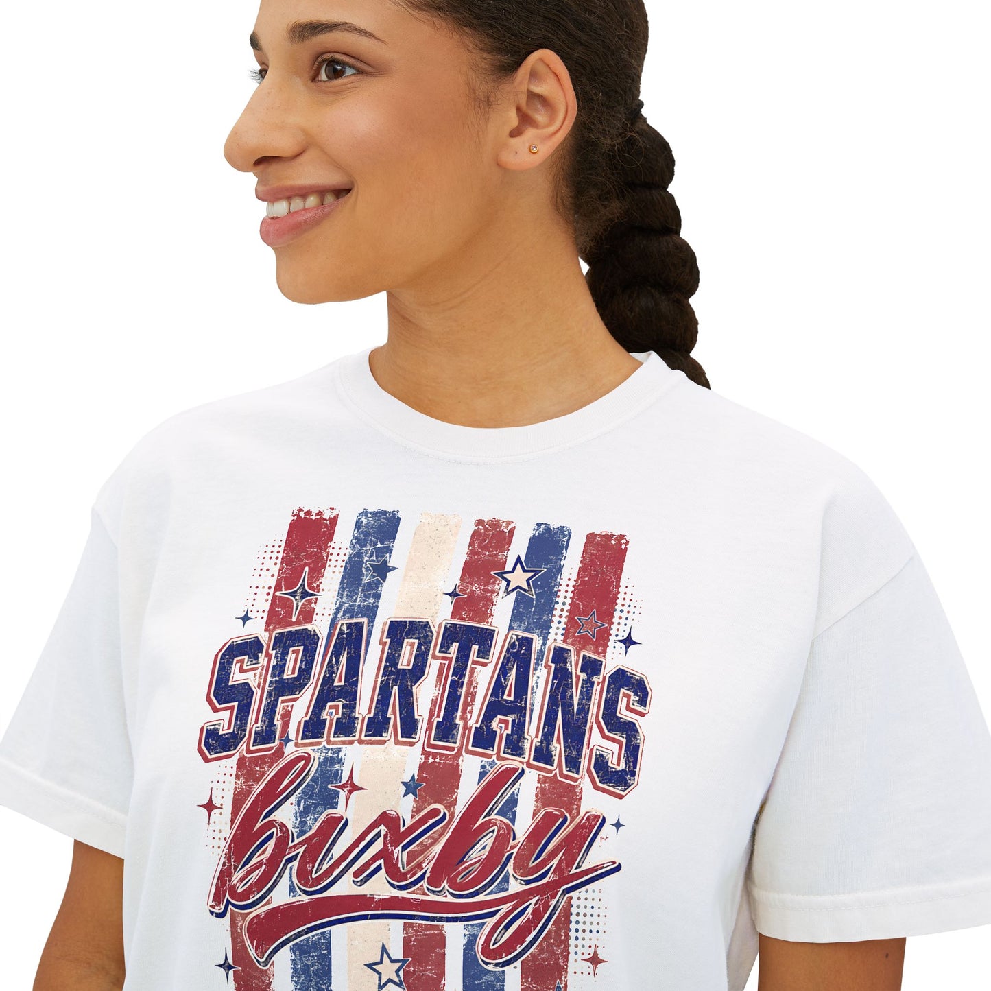 Spartans Lucky Women's Boxy Tee Vintage Red & Blue Patriot Stripes