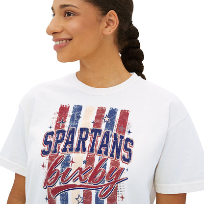 Spartans Lucky Women's Boxy Tee Vintage Red & Blue Patriot Stripes