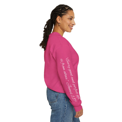 Spartan Santa Gildan Sweatshirt With James 1:17 "Every Good and Perfect Gift" Sleeve Print