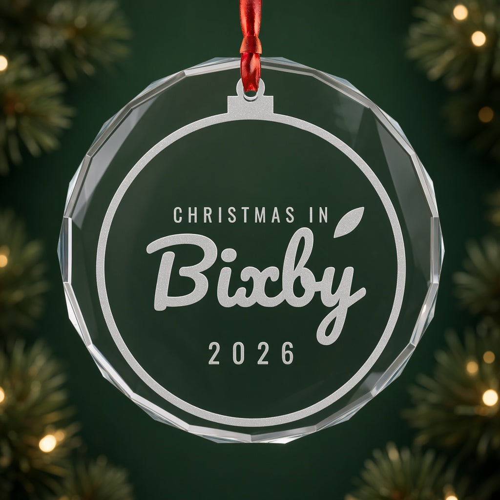 Close-up of frosted Christmas in Bixby 2026 engraving in crystal