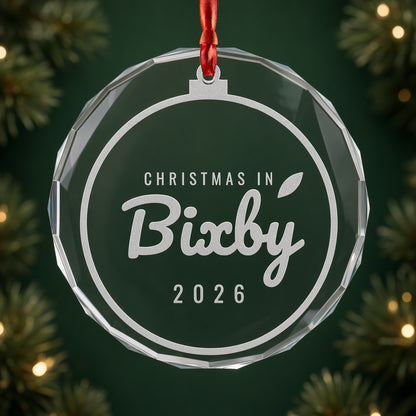 Close-up of frosted Christmas in Bixby 2026 engraving in crystal