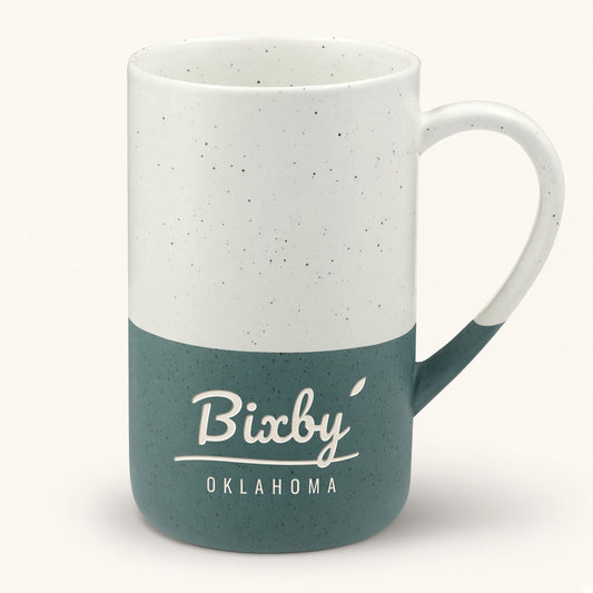 Bixby Oklahoma engraved speckled mug, three-quarter view