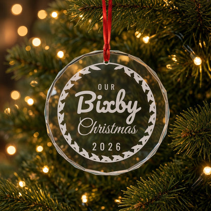 Our Bixby Christmas 2026 crystal ornament on a lit tree