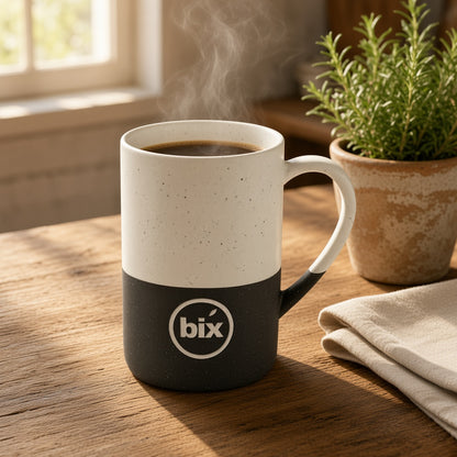 bix engraved mug with coffee on a farmhouse table