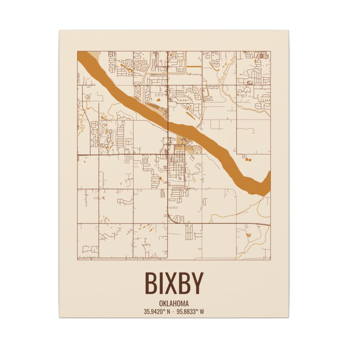 Bixby, Oklahoma Street Map Canvas - Bottomland Rust