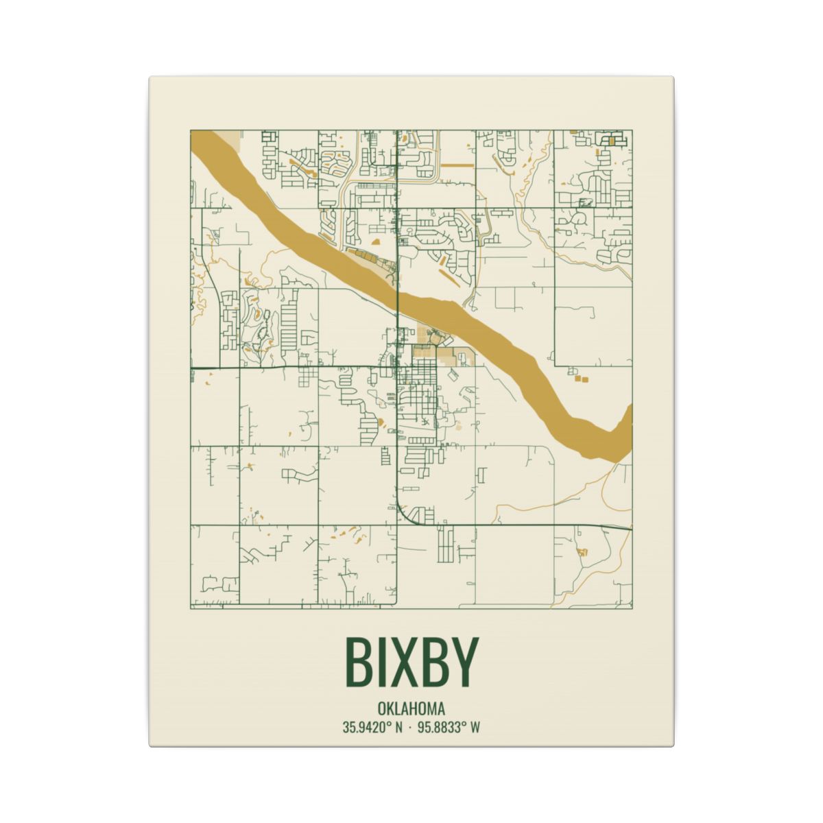 Bixby, Oklahoma Street Map Canvas - Garden Green & Gold