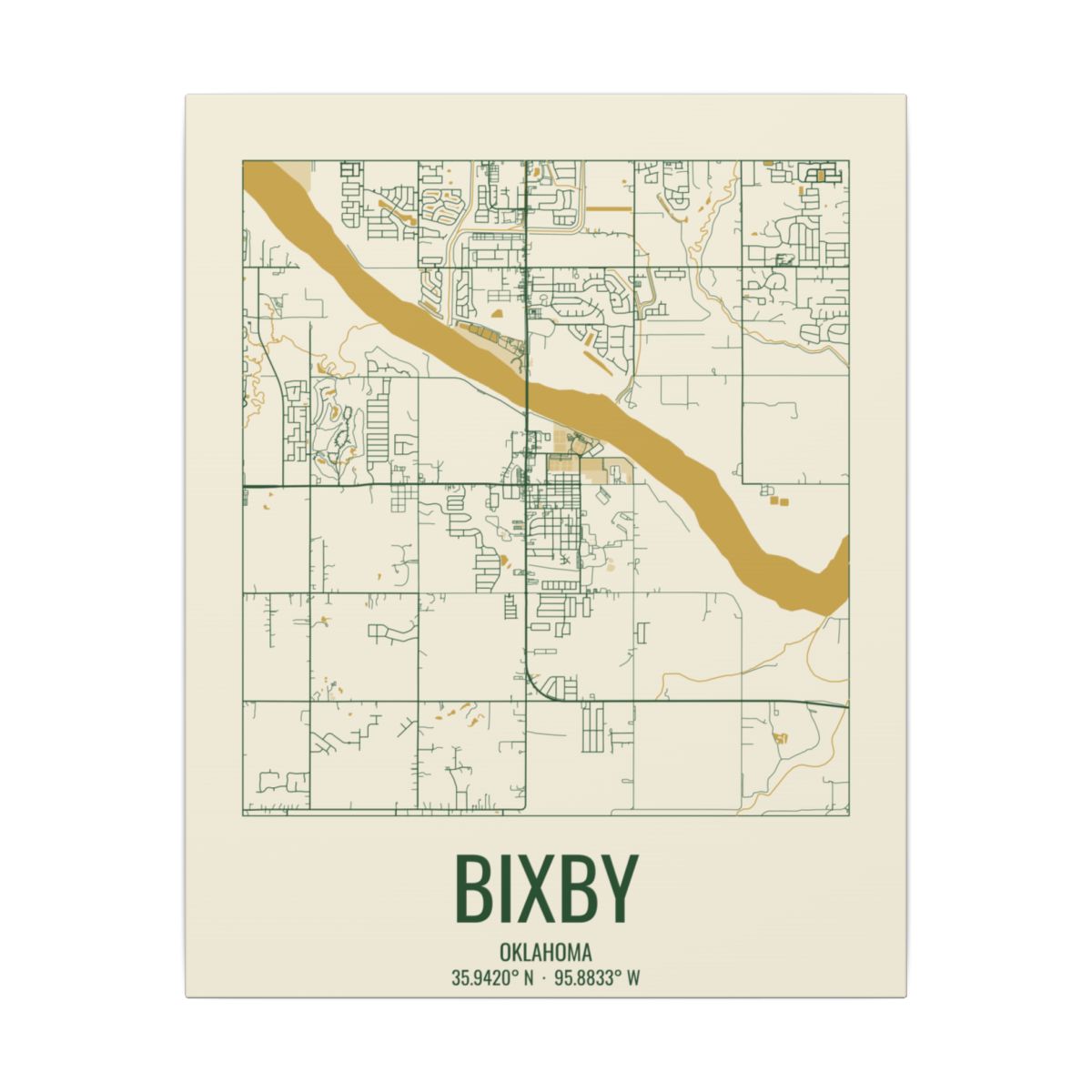 Bixby, Oklahoma Street Map Canvas - Garden Green & Gold