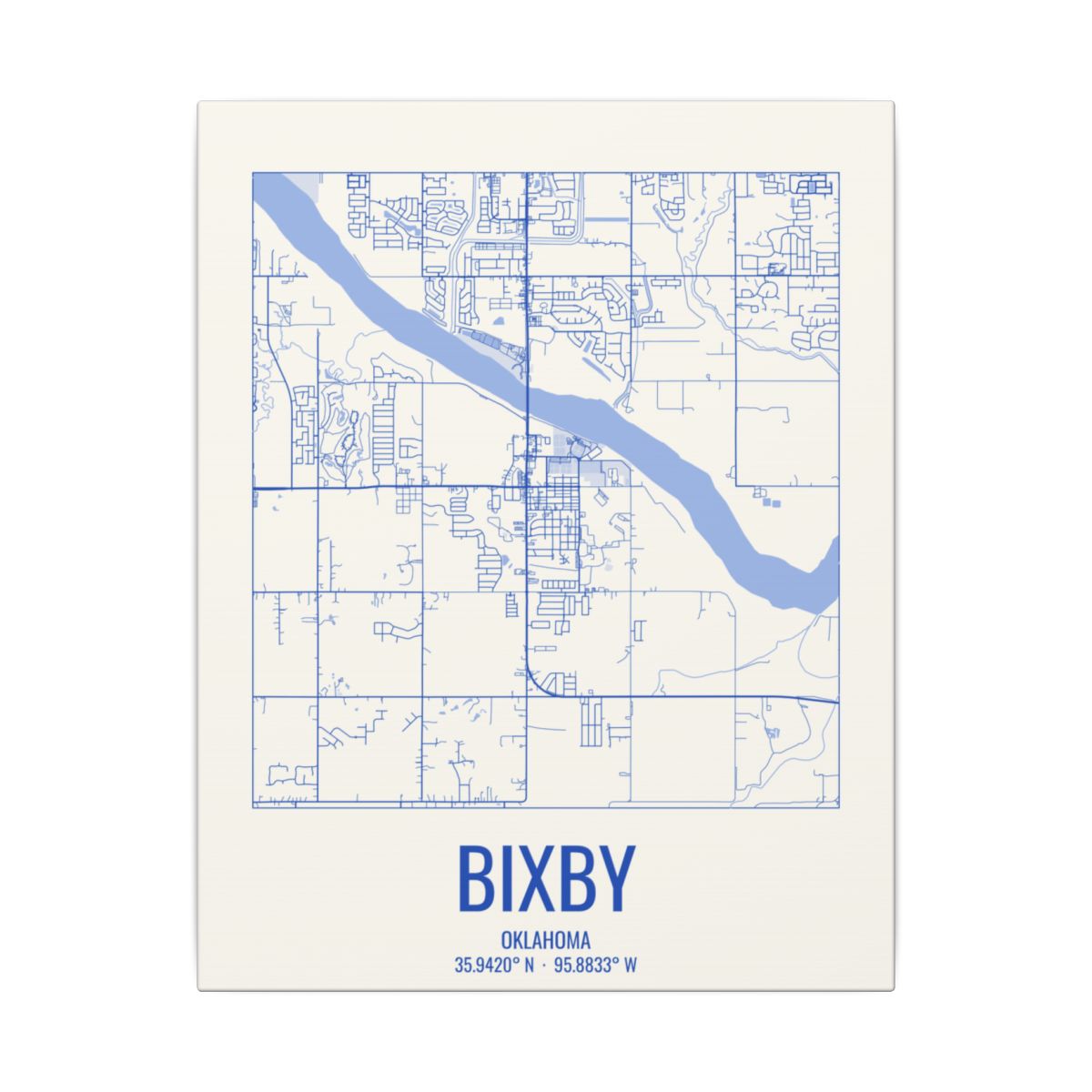 Bixby, Oklahoma Street Map Canvas - Royal Blue on Cream