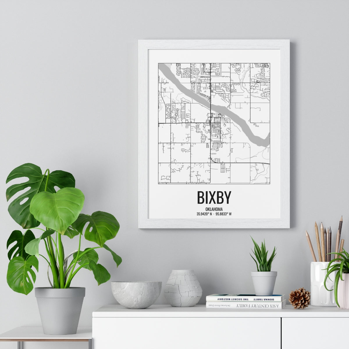 Bixby, Oklahoma Street Map Framed Print - Black & White