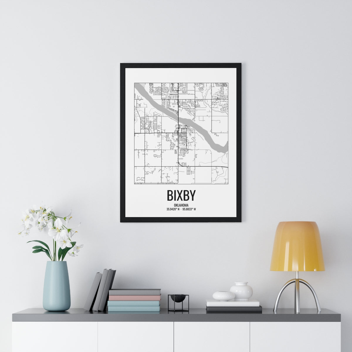 Bixby, Oklahoma Street Map Framed Print - Black & White