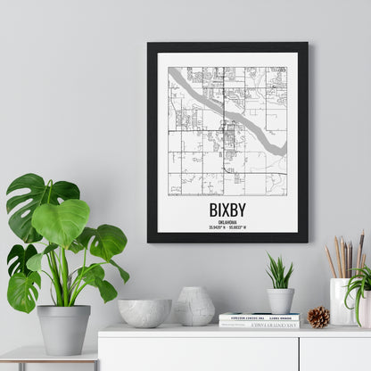 Bixby, Oklahoma Street Map Framed Print - Black & White