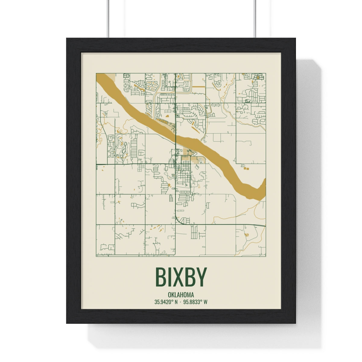 Bixby, Oklahoma Street Map Framed Print - Garden Green & Gold