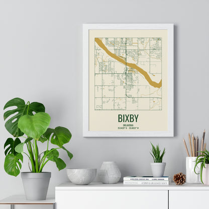 Bixby, Oklahoma Street Map Framed Print - Garden Green & Gold