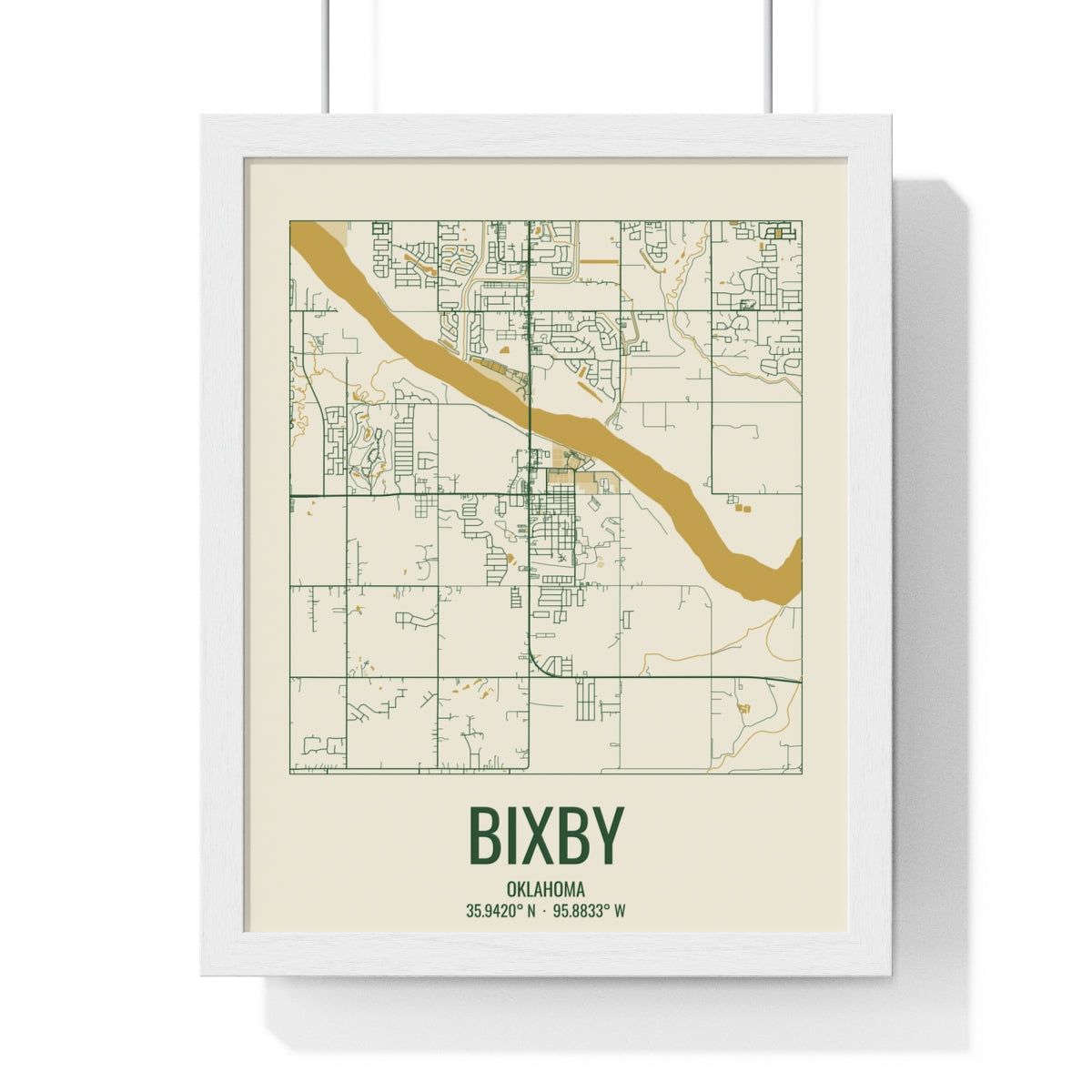 Bixby, Oklahoma Street Map Framed Print - Garden Green & Gold