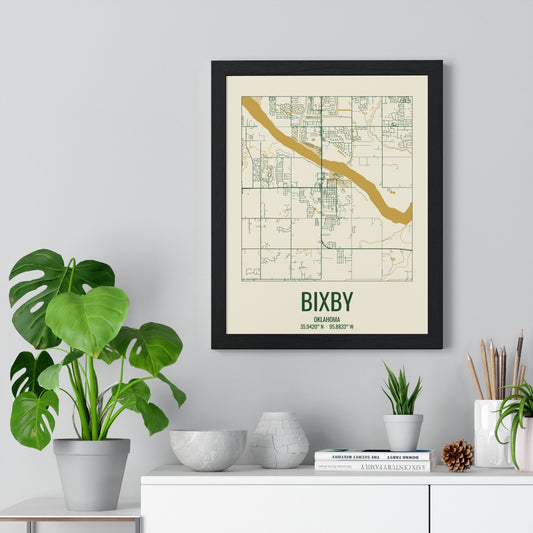 Bixby, Oklahoma Street Map Framed Print - Garden Green & Gold