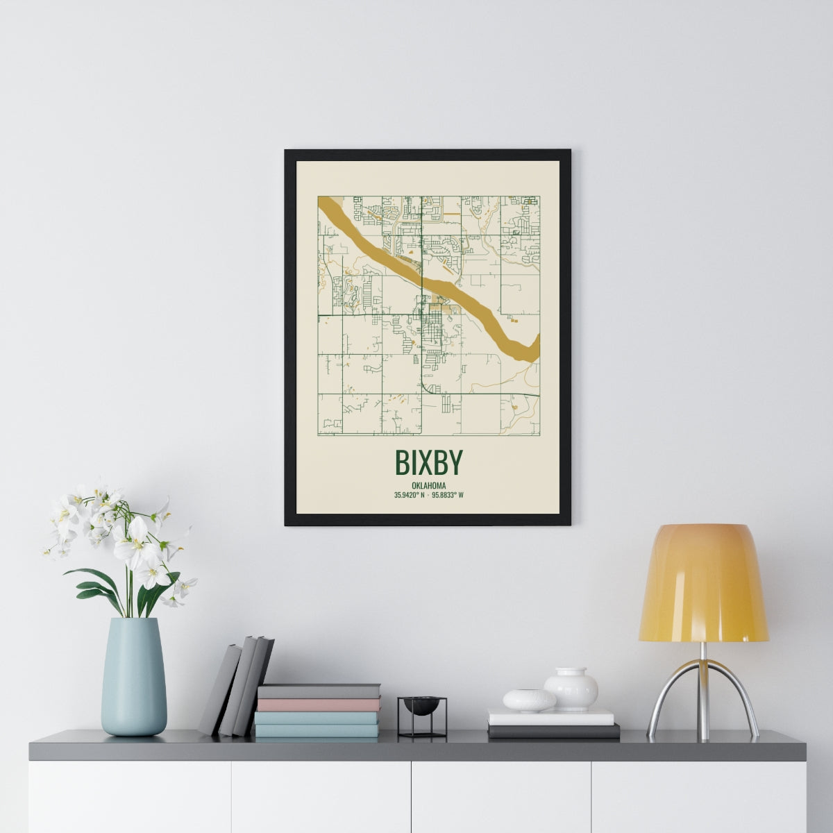 Bixby, Oklahoma Street Map Framed Print - Garden Green & Gold