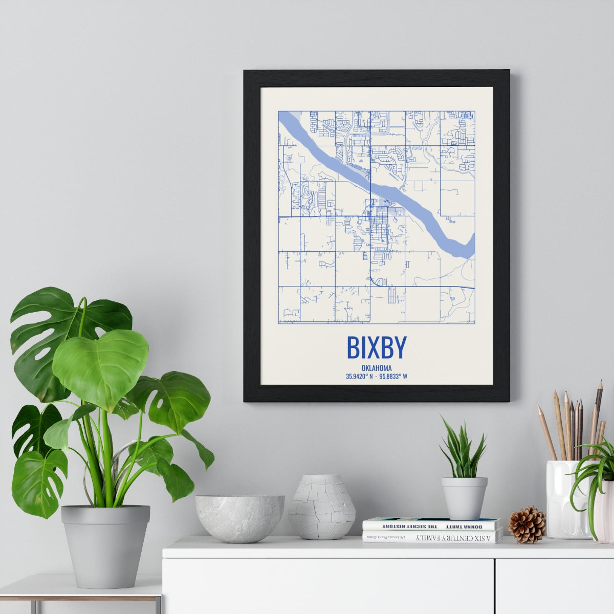 Bixby, Oklahoma Street Map Framed Print - Royal Blue on Cream