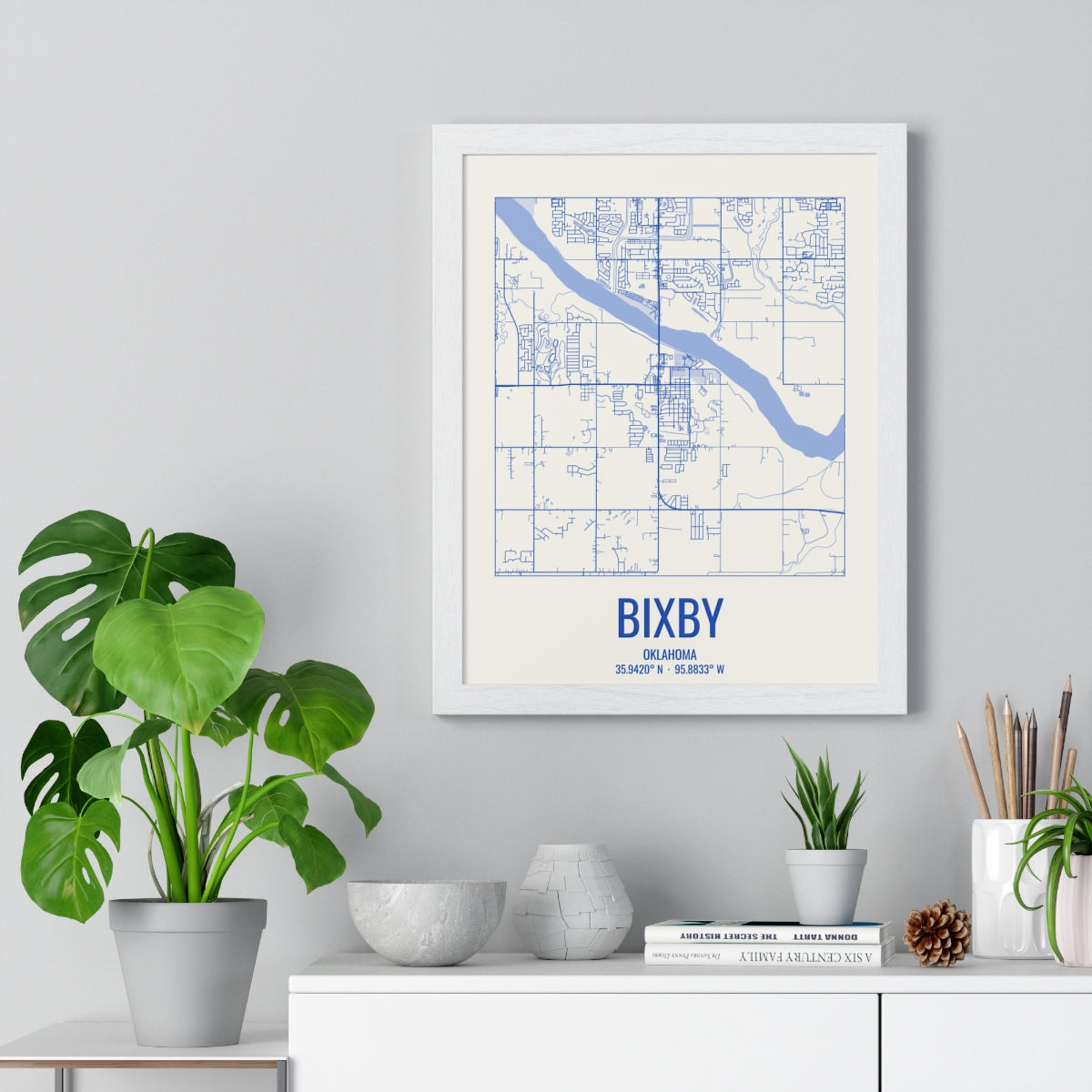 Bixby, Oklahoma Street Map Framed Print - Royal Blue on Cream