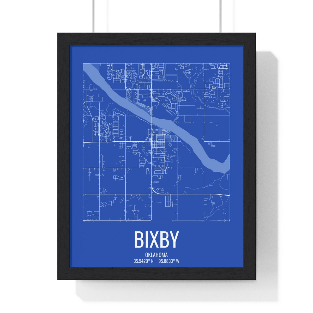 Bixby, Oklahoma Street Map Framed Print - White on Royal Blue