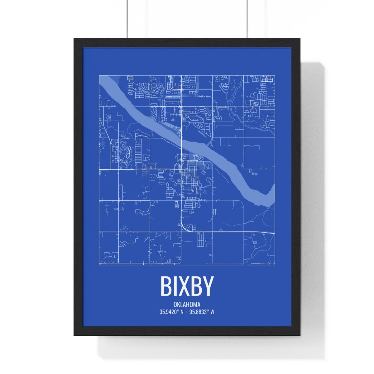 Bixby, Oklahoma Street Map Framed Print - White on Royal Blue