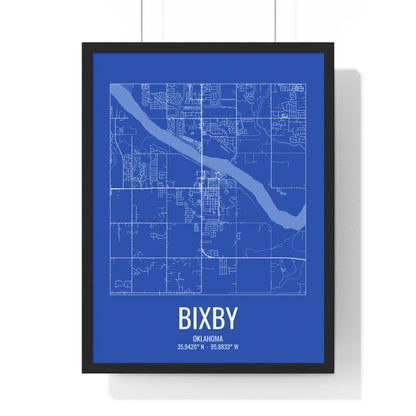 Bixby, Oklahoma Street Map Framed Print - White on Royal Blue