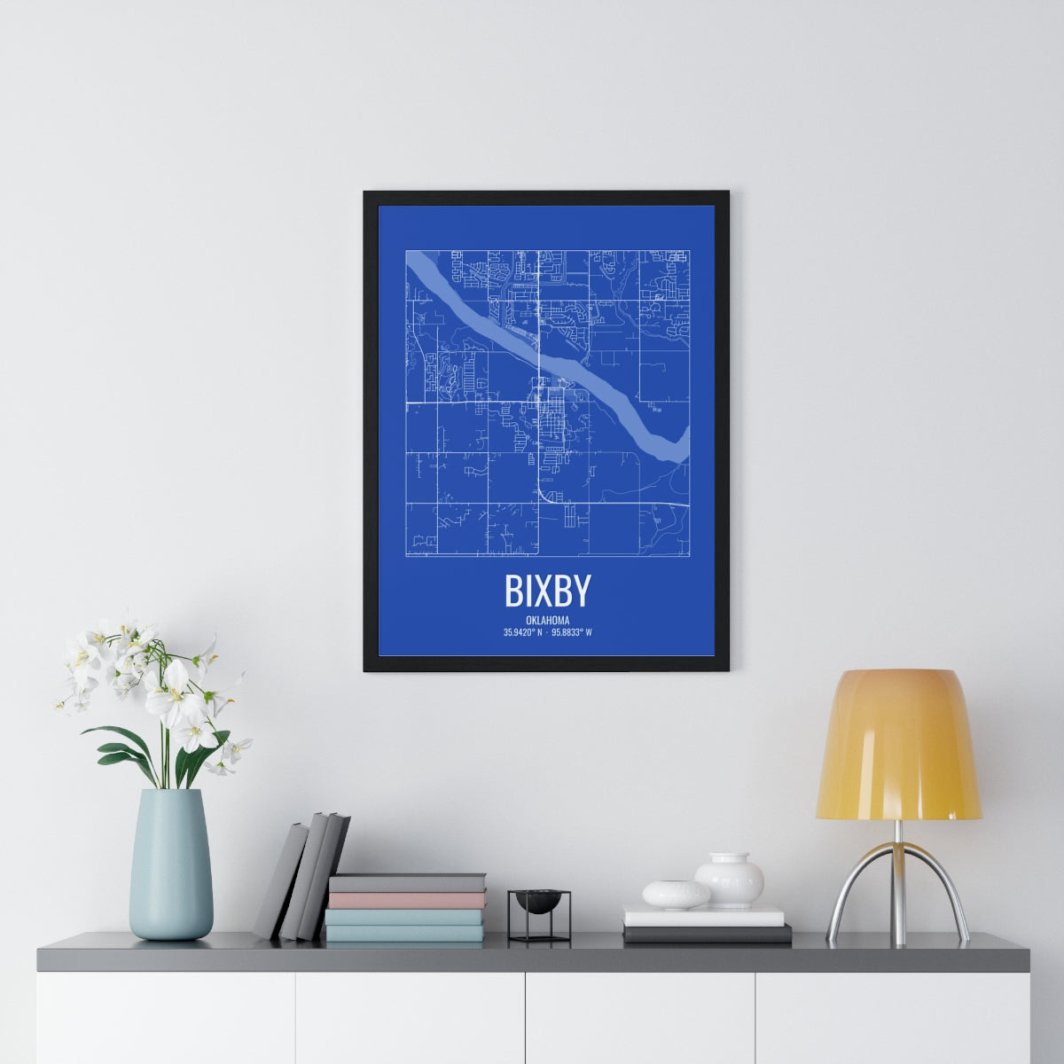 Bixby, Oklahoma Street Map Framed Print - White on Royal Blue