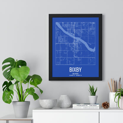 Bixby, Oklahoma Street Map Framed Print - White on Royal Blue