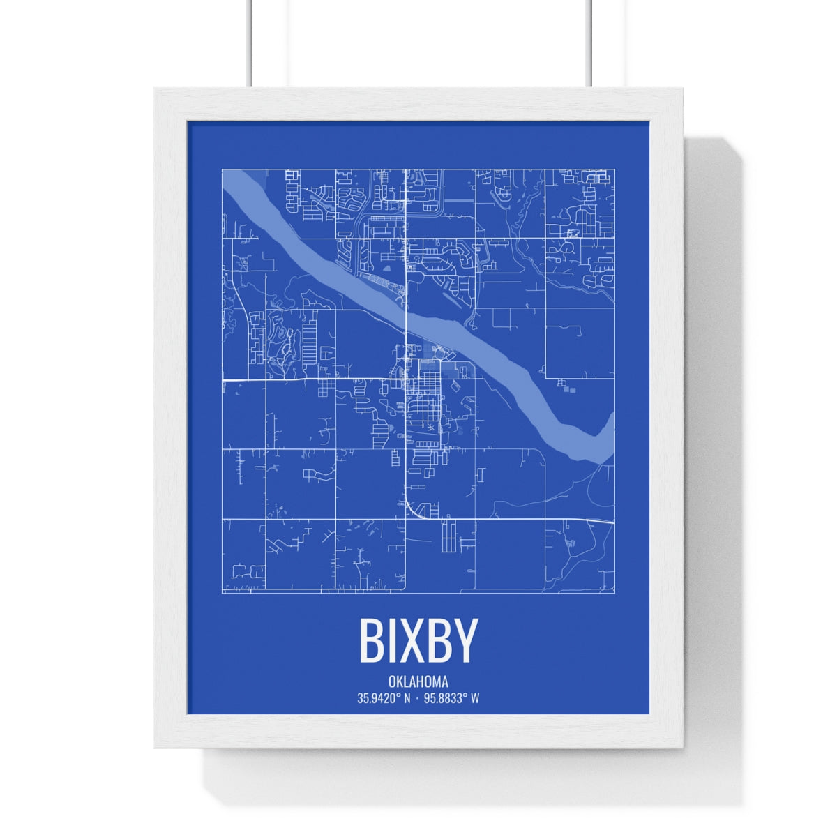 Bixby, Oklahoma Street Map Framed Print - White on Royal Blue