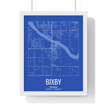 Bixby, Oklahoma Street Map Framed Print - White on Royal Blue