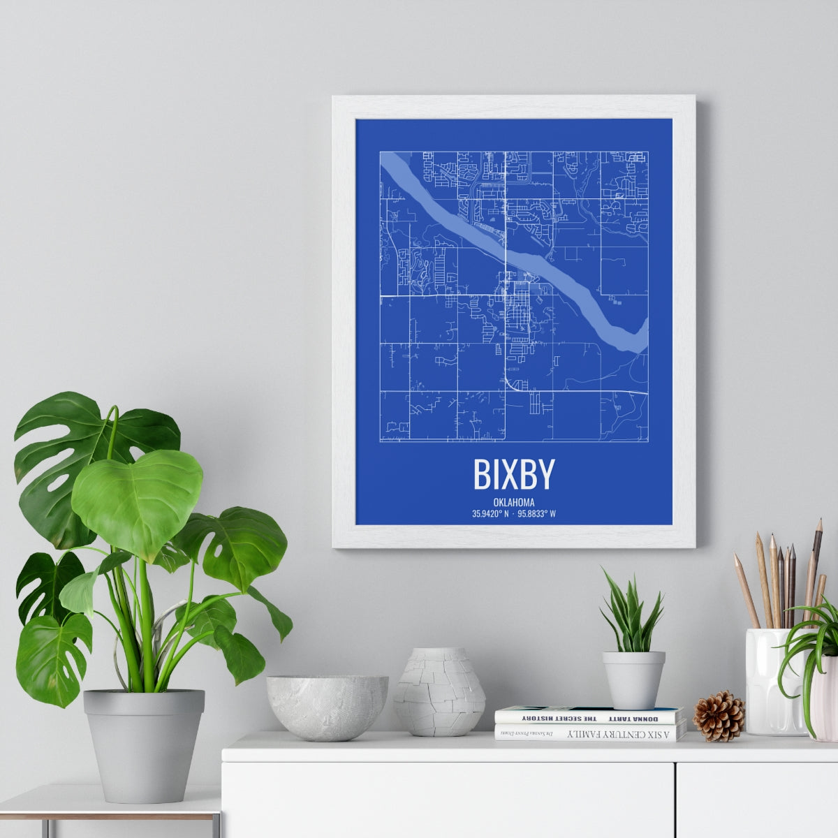 Bixby, Oklahoma Street Map Framed Print - White on Royal Blue